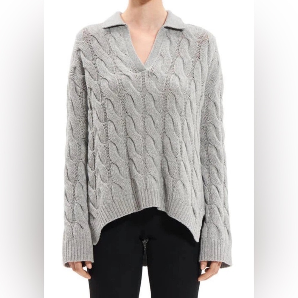 Theory Women’s Gray Cable Knit Polo Sweater Size L (oversized)